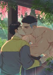 Rule 34 | 2boys, absurdres, bara, black hair, blush, commission, david king (dead by daylight), day, dead by daylight, closed eyes, flower, grey jacket, highres, jacket, jake park, kiss, large pectorals, looking at another, male focus, multicolored clothes, multicolored jacket, multiple boys, muscular, muscular male, outdoors, pectorals, pink flower, punim410, scar, scar across eye, scar on face, short hair, sideburns, topless male, two-tone jacket, undercut, yaoi, yellow jacket