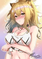 Rule 34 | 1girl, animal ears, arknights, artist name, bare arms, bare shoulders, beige background, black choker, blonde hair, blush, breast hold, breasts, choker, cleavage, commentary, crop top, female focus, gradient background, hair between eyes, highres, kouno (uiyoyo199), large breasts, lion ears, long hair, looking at viewer, midriff, navel, nose blush, outline, ponytail, purple background, siege (arknights), signature, solo, stomach, symbol-only commentary, tank top, upper body, white outline, white tank top, yellow eyes