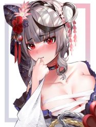 Rule 34 | 1girl, bandages, bare shoulders, black hair, blunt bangs, blush, border, braid, breasts, choker, cleavage, closed mouth, collarbone, eyelashes, flower, gradient border, grey hair, hair bun, hair flower, hair ornament, hand to own mouth, highres, holding, hololive, holox, long eyelashes, long hair, looking at viewer, mookie (e mook9), multicolored hair, pink flower, red eyes, sakamata chloe, single hair bun, solo, upper body, virtual youtuber
