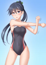 Rule 34 | 1girl, anti (untea9), black hair, black one-piece swimsuit, blue background, blush, breasts, competition swimsuit, cowboy shot, cross-body stretch, exercising, gluteal fold, gradient background, green ribbon, grey eyes, hair between eyes, hair ribbon, highres, houshou (kancolle), kantai collection, long hair, one-piece swimsuit, open mouth, orange one-piece swimsuit, ponytail, ribbon, small breasts, solo, stretching, swimsuit, white one-piece swimsuit