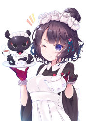 Rule 34 | 1girl, animal, apron, black dress, black gloves, black hair, blue eyes, blush, breasts, collared dress, commentary request, cup, dress, fate/grand order, fate (series), gloves, grin, hair bun, hair ornament, highres, holding, holding cup, holding plate, holding teapot, katsushika hokusai (fate), ko yu, long sleeves, looking at viewer, maid headdress, medium breasts, notice lines, octopus, one eye closed, plate, simple background, single hair bun, smile, tea, teacup, teapot, tokitarou (fate), upper body, white apron, white background, wide sleeves
