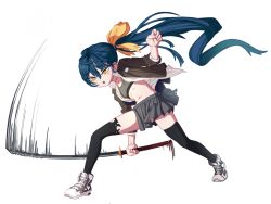 Rule 34 | 1girl, black thighhighs, blue hair, bow, coat, hair bow, holding, holding sword, holding weapon, katana, long hair, mabera, motion lines, navel, open clothes, open shirt, original, pleated skirt, ponytail, shoes, skirt, sneakers, solo, sports bra, sword, thighhighs, torn clothes, torn thighhighs, very long hair, weapon, white background, yellow eyes