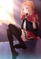 Rule 34 | 1girl, black thighhighs, blonde hair, blush, cagliostro (granblue fantasy), granblue fantasy, grin, hairband, highres, kiyomin, long hair, looking at viewer, miniskirt, pink eyes, pleated skirt, red skirt, sitting, skirt, smile, solo, thighhighs, yellow hairband, zettai ryouiki