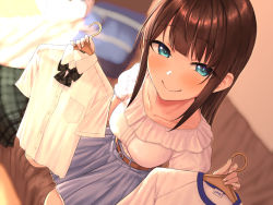 Rule 34 | 1girl, aoi tiduru, belt, belt buckle, black bow, black bowtie, blouse, blue bag, blue eyes, blue skirt, blurry, blurry background, blush, bow, bowtie, breasts, brown belt, brown hair, buckle, closed mouth, clothes hanger, collarbone, commentary request, depth of field, frilled shirt, frilled shirt collar, frills, green skirt, gym shirt, holding, holding clothes, holding shirt, indoors, looking at viewer, medium breasts, original, puffy short sleeves, puffy sleeves, school uniform, shirt, shirt tucked in, short sleeves, sitting, skirt, smile, solo, white shirt