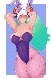 Rule 34 | 1girl, armpits, blush, breasts, cleavage, collarbone, curvy, fishnets, gradient hair, green hair, highleg, highleg leotard, highres, horns, large breasts, leotard, long hair, looking at viewer, multicolored hair, one piece, oni horns, parted lips, playboy bunny, ponytail, rabbit ears, rabbit pose, smile, solo, tall female, thick thighs, thighs, very long hair, white hair, wide hips, wyvernn, yamato (one piece), yellow eyes