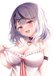 Rule 34 | 1girl, arm strap, belt collar, black collar, black hair, blush, braid, breasts, camisole, cleavage, cleavage reach, collar, collarbone, fang, frilled camisole, frills, grey hair, hair ornament, highres, hololive, large breasts, looking at viewer, medium hair, multicolored hair, open mouth, red eyes, revision, sakamata chloe, shishou (doragyurosu), simple background, smile, solo, streaked hair, upper body, virtual youtuber, white background, white camisole, x hair ornament