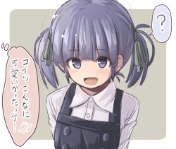 Rule 34 | 1girl, :d, ?, arms behind back, black dress, blush, collared shirt, commentary request, dress, dress shirt, fujisaki yuu, green ribbon, grey background, grey hair, hair ribbon, kantai collection, ooshio (kancolle), ooshio kai ni (kancolle), open mouth, pinafore dress, purple eyes, ribbon, school uniform, shirt, sleeveless, sleeveless dress, smile, solo, spoken question mark, translation request, twintails, two-tone background, upper body, white background, white shirt