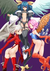 Rule 34 | 3girls, ass, asymmetrical wings, bare shoulders, belt, black panties, blue hair, claws, covered erect nipples, dizzy (guilty gear), final fantasy, final fantasy tactics, grey hair, guilty gear, guilty gear x, guilty gear xx, hair ribbon, harcypete, looking at viewer, looking back, midriff, monster girl, multiple girls, navel, nibokku, panties, pink hair, puffy sleeves, red eyes, ribbon, seiken densetsu, seiken densetsu 3, sword, tail, tail ornament, tail ribbon, thigh strap, thighhighs, thighs, twintails, ultima (fft), underwear, weapon, wings, yellow ribbon