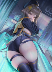 Rule 34 | 1girl, absurdres, ahoge, anis (nikke), ass, black shorts, black thighhighs, breasts, brown eyes, brown hair, covered mouth, dong ji, goddess of victory: nikke, hair ornament, hat, highres, huge ass, jacket, large breasts, looking at viewer, looking back, lying, on side, short hair, short shorts, shorts, sideboob, solo, suspender shorts, suspenders, thick thighs, thigh strap, thighhighs, thighs