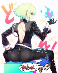 Rule 34 | 1boy, ass, backless outfit, bad id, bad twitter id, biker clothes, black gloves, black jacket, closed mouth, fire, frilled shirt collar, frilled sleeves, frills, galo thymos, gloves, green hair, half gloves, highres, jacket, lio fotia, looking back, male focus, promare, purple eyes, pyrokinesis, wadani hitonori, zipper