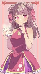 Rule 34 | 1girl, absurdres, baozi, blunt bangs, blush, bow, brown hair, china dress, chinese clothes, commentary request, double bun, dress, etra-chan wa mita!, etra (etra-chan wa mita!), fingernails, food, hair bow, hair bun, highres, holding, holding food, looking at viewer, nyako (lhq3p), red bow, red dress, red eyes, revision, short hair, sleeveless, sleeveless dress, solo, virtual youtuber
