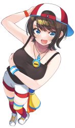 Rule 34 | 1girl, blue eyes, braid, breasts, brown hair, french braid, hat, highres, hololive, looking at viewer, medium breasts, oozora subaru, open mouth, shoes, short hair, shorts, simple background, smile, sneakers, solo, swept bangs, thighhighs, virtual youtuber, white background, white footwear, white shorts, wristband, zono (inokura syuzo029)