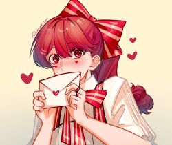 Rule 34 | 1girl, alternate costume, artist name, blush, bow, hair bow, heart, heart on cheek, highres, holding, holding letter, letter, llamartist, long hair, looking at viewer, love letter, persona, persona 5, persona 5 the royal, red bow, red eyes, red hair, shirt, simple background, solo, striped, striped bow, upper body, white shirt, yellow background, yoshizawa kasumi
