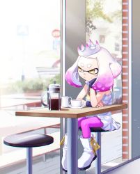 Rule 34 | 1girl, al (ahr), black gloves, cafe, cephalopod eyes, coffee cup, cross-shaped pupils, crown, cup, disposable cup, dress, fingerless gloves, gloves, head rest, inkling, looking outside, mole, mole under eye, multicolored hair, nintendo, pantyhose, pearl (splatoon), pink hair, pink pantyhose, short eyebrows, sitting, sleeveless, sleeveless dress, solo, splatoon (series), splatoon 2, squid girl, symbol-shaped pupils, tentacle hair, tentacles, white dress, white hair, yellow eyes, zipper pull tab