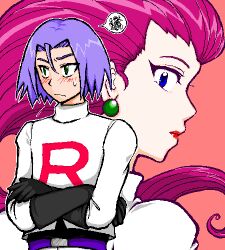 Rule 34 | 1boy, 1girl, black gloves, blue eyes, blue hair, blush, commentary request, creatures (company), crossed arms, earrings, game freak, gloves, green eyes, hair slicked back, james (pokemon), jessie (pokemon), jewelry, lipstick, lowres, makeup, nintendo, pokemon, pokemon (anime), sphere earrings, spoken squiggle, squiggle, sweat, team rocket, team rocket uniform, yuh (250663)