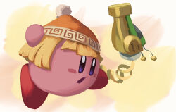 Rule 34 | arms (game), beanie, blonde hair, blue eyes, blunt bangs, blunt ends, blush stickers, bob cut, border, cannon, copy ability, cosplay, fighting stance, hat, kirby, kirby (series), looking ahead, min min (arms), min min (arms) (cosplay), nintendo, no humans, open mouth, orange hair, outside border, pom pom (clothes), pom pom beanie, red footwear, shoes, short hair, solo, super smash bros., suyasuyabi, white border, yellow background