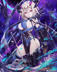 Rule 34 | 1girl, arm up, bird, black thighhighs, breasts, chain, cleavage, colored skin, covered erect nipples, crow, gauntlets, headwear request, looking at viewer, mana (remana), official art, pelvic curtain, short hair, sideboob, skull, solo, sword, thighhighs, unmei no clan battle, weapon, white skin
