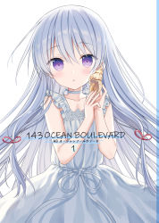 Rule 34 | 1girl, bare arms, bare shoulders, blush, choker, collarbone, commentary request, conch, cover, cover page, dress, hair between eyes, hair ribbon, hands up, holding, long hair, looking at viewer, original, parted lips, purple eyes, red ribbon, ribbon, silver hair, simple background, sleeveless, sleeveless dress, solo, very long hair, white background, white choker, white dress, yuuki rika
