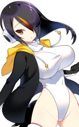 Rule 34 | 10s, 1girl, black hair, breasts, brown eyes, commentary request, emperor penguin (kemono friends), hair over one eye, headphones, highleg, highleg leotard, highres, hood, hoodie, kemono friends, large breasts, leotard, long hair, marui shiro, multicolored hair, open clothes, open hoodie, open mouth, simple background, solo, thighhighs, white background, white leotard, white thighhighs