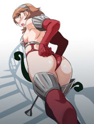 Rule 34 | 1girl, alternate costume, armor, ass, atlus, blush, boots, bow (weapon), brown eyes, brown hair, dr.p, elbow gloves, embarrassed, from below, gloves, hairband, high-cut armor (persona), looking back, open mouth, persona, persona 3, short hair, solo, stairs, surprised, takeba yukari, thigh boots, thighhighs, weapon