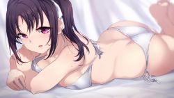 Rule 34 | 1girl, arm support, ass, back, bed sheet, bikini, black hair, blurry, blurry background, breasts, commentary request, depth of field, hair ribbon, highres, kazuno sarah, light smile, long hair, looking at viewer, love live!, love live! sunshine!!, lying, medium breasts, on bed, on stomach, open mouth, purple eyes, ribbon, side-tie bikini bottom, sidelocks, skindentation, solo, sweatdrop, swimsuit, twintails, white bikini, white ribbon, yamaori (yamaorimon)