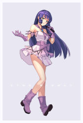 Rule 34 | 1girl, air (air end), bare shoulders, blue eyes, boots, breasts, brooch, character name, choujikuu yousai macross, dress, full body, gloves, jewelry, lavender dress, long hair, looking at viewer, lynn minmay, macross, macross: do you remember love?, medium breasts, microphone, purple footwear, purple gloves, purple hair, ringlets, short dress, smile, solo, standing, strapless, strapless dress, tube dress