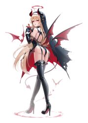 1girl absurdres ass backless_leotard bat_(animal) bella_(kira78718520) black_footwear black_gloves black_leotard blood blood_halo boots brown_hair commentary cross demon_girl demon_horns demon_tail demon_wings detached_wings elbow_gloves fang full_body garter_straps gloves habit hair_between_eyes halo high_heel_boots high_heels highres holding holding_cross horns kira_(kira78718520) latin_cross leotard liquid_halo long_hair looking_at_viewer looking_back low_wings melting_halo nun original red_eyes red_halo red_wings skin_fang solo standing sweatdrop tail very_long_hair wavy_mouth white_background wings