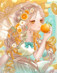 Rule 34 | 1girl, blue bow, blue bowtie, blue nails, blush, bow, bowtie, braid, breasts, dress, earrings, eyeshadow, flower, food, food-themed hair ornament, forehead, from side, fruit, green dress, hair flower, hair ornament, hair ribbon, highres, holding, holding food, holding fruit, jewelry, komorihikki, light brown hair, long hair, looking ahead, low-tied long hair, makeup, nail polish, orange (fruit), orange eyes, orange hair ornament, orange ribbon, orange slice, orange umbrella, original, parted bangs, parted lips, red eyeshadow, ribbon, sidelocks, sleeveless, sleeveless dress, small breasts, solo, sundress, twin braids, umbrella, white flower