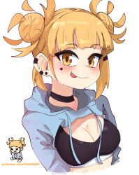 Rule 34 | 1girl, black choker, blonde hair, blunt bangs, blush, boku no hero academia, bra, breasts, chibi, choker, cleavage, closed mouth, commentary, dashi (dashiart), drawstring, ear piercing, hair bun, hair ornament, hairclip, heart, highres, hood, hoodie, looking at viewer, medium breasts, messy hair, piercing, simple background, smile, solo, symbol-only commentary, toga himiko, underwear, upper body, white background, yellow eyes