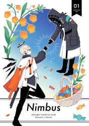 Rule 34 | 1boy, 1other, arknights, artist name, basket, black gloves, black jacket, black pants, blonde hair, blue background, blue eyes, candy, commentary request, cover, cover page, doctor (arknights), english text, executor (arknights), fingerless gloves, flower, food, forget-me-not (flower), full body, gloves, gradient background, halo, hand in pocket, highres, hood, hooded jacket, jacket, long sleeves, mask, outstretched hand, pants, reaching towards another, shirt, soppos, white background, white jacket, white shirt, wings, yellow flower