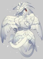 Rule 34 | absurdres, animal focus, bird wings, claws, covered face, falling petals, feathered wings, from behind, grey background, head wings, highres, monster, multiple wings, natuooooooooooo, no humans, original, petals, simple background, solo, tail, too many wings, white wings, wings