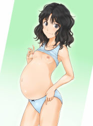 Rule 34 | 1girl, amagami, black eyes, black hair, blush, breasts, camisole, clothes lift, collarbone, female focus, looking at viewer, messy hair, myu-po, navel, nipples, no bra, panties, pregnant, shirt lift, short hair, small breasts, smile, solo, standing, tanamachi kaoru, underwear, underwear only