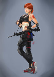 Rule 34 | 1girl, ass, assault rifle, autobot, bandages, blood, blue eyes, borrowed character, breasts, brown hair, cameo, crop top, dog tags, elbow pads, fingerless gloves, gloves, gun, handprint, handgun, headset, holster, injury, knee pads, m4 carbine, midriff, original, pants, parted lips, pistol, polarityplus, ponytail, rifle, scratches, shoes, short ponytail, small breasts, sneakers, solo, sports bra, tank top, thigh holster, transformers, vertical forward grip, weapon