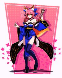 Rule 34 | 1girl, ^^^, absurdres, animal ear fluff, animal ears, bare shoulders, blue kimono, blue ribbon, blue thighhighs, breasts, cleavage, commentary, dclaret, detached sleeves, closed eyes, fate/extra, fate/grand order, fate (series), fox ears, fox girl, fox tail, full body, hair ribbon, highres, huge filesize, japanese clothes, kimono, large breasts, looking at viewer, pink hair, ribbon, solo, tail, tamamo (fate), tamamo no mae (fate/extra), thighhighs, yellow eyes