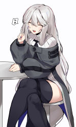 Rule 34 | 1girl, ^ ^, absurdres, arknights, black thighhighs, blush, closed eyes, commentary, dress, feet out of frame, grey dress, grey hair, highres, long hair, long sleeves, musical note, no headwear, off-shoulder dress, off shoulder, open mouth, signal 1120, sitting, solo, specter (arknights), spoken musical note, table, thighhighs, thighs, very long hair