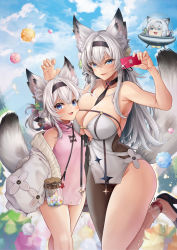 Rule 34 | 2girls, animal ears, bare shoulders, blue eyes, blue sky, blush, breasts, cellphone, character request, cleavage, collarbone, fox ears, fox tail, hairband, indie virtual youtuber, large breasts, long hair, looking at viewer, multiple girls, oni-noboru, open mouth, phone, revision, sidelocks, sky, small breasts, smile, tail, thighs, virtual youtuber, white hair, yukkuri shiteitte ne