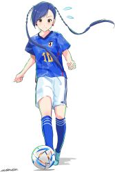 Rule 34 | 1girl, aika granzchesta, alternate costume, andanden, aria (manga), ball, blue footwear, blue shirt, blue socks, braid, brown eyes, chromatic aberration, closed mouth, earrings, full body, highres, jewelry, kneehighs, parted bangs, shirt, shoes, short sleeves, shorts, signature, sneakers, soccer ball, soccer uniform, socks, solo, sportswear, swept bangs, twin braids, twintails, white shorts