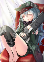 Rule 34 | 1girl, absurdres, artist name, assault rifle, belt, blush stickers, bullpup, caseless firearm, closed eyes, commentary request, couch, curtains, drooling, g11 (girls&#039; frontline), girls&#039; frontline, grey hair, gun, h&amp;k g11, hair between eyes, hat, highres, horizontal magazine, hug, jacket, long hair, name connection, no shoes, personification, prototype design, rifle, scope, shorts, sleeping, solo, sunege (hp0715), weapon