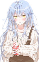 Rule 34 | 1girl, blue hair, blush, hair between eyes, highres, hiro (hirohiro31), holding, hololive, jewelry, long hair, looking at viewer, multicolored hair, necklace, pointy ears, sleeves past wrists, smile, solo, streaked hair, upper body, virtual youtuber, white background, yellow eyes, yukihana lamy