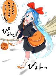 Rule 34 | 1girl, blue eyes, blue hair, bow, broom, broom riding, commentary request, cosplay, full body, gradient hair, hair bow, kantai collection, kiki (majo no takkyuubin), kiki (majo no takkyuubin) (cosplay), long hair, looking at viewer, majo no takkyuubin, multicolored hair, red bow, samidare (kancolle), simple background, solo, trick or treat, white background, yokoshima (euphoria)