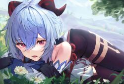 Rule 34 | 1girl, ahoge, bare shoulders, black pantyhose, blue hair, detached sleeves, flower, ganyu (genshin impact), genshin impact, gold trim, highres, horns, long hair, lying, on side, open mouth, outdoors, pantyhose, purple eyes, red rope, rope, sidelocks, smile, solo, tassel, thighlet, thighs, tooyon, white flower, white sleeves