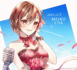 Rule 34 | 1girl, anniversary, aryuma772, bare arms, bare shoulders, blue sky, bouquet, brown eyes, brown hair, character name, collarbone, contrail, dated, dress, earrings, falling petals, flower, hair flower, hair ornament, hand in own hair, highres, jewelry, lens flare, meiko (vocaloid), microphone, microphone stand, neck ribbon, open mouth, petals, red dress, red flower, red ribbon, ribbon, short hair, sky, smile, solo, star (sky), strapless, strapless dress, twitter username, upper body, vocaloid
