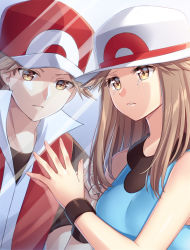 Rule 34 | 1boy, 1girl, blue shirt, breasts, brown eyes, brown hair, closed mouth, commentary request, creatures (company), crying, eyelashes, game freak, hair flaps, hand up, hat, jacket, leaf (pokemon), long hair, nintendo, parted lips, pokemon, pokemon frlg, red (pokemon), red headwear, scbstella, shirt, short hair, sleeveless, sleeveless shirt, tears, upper body, white headwear, wristband