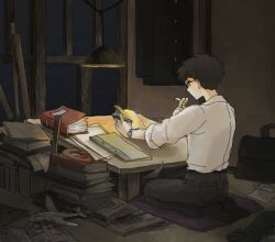 Rule 34 | 1boy, between fingers, black hair, black jacket, black pants, black socks, book, book stack, buttons, ceiling light, cigarette, collared shirt, commentary request, dashimaki (konbukahamusuta), full body, glasses, hand up, holding, holding cigarette, holding pencil, horikoshi jirou, indoors, jacket, kaze tachinu, looking at object, looking down, male focus, messy room, model airplane, newspaper, night, no shoes, notebook, open book, pants, paper, pencil, pile of books, profile, reading, seiza, shirt, short hair, sitting, sleeves rolled up, smoking, socks, solo, table, unworn jacket, watch, white shirt, window, wristwatch