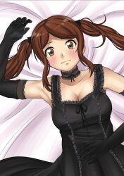 Rule 34 | 1girl, amagami, arm up, armpits, bare shoulders, bed sheet, black choker, black dress, black gloves, black ribbon, blush, breasts, brown eyes, brown hair, choker, cleavage, collarbone, dress, from above, gloves, hair ribbon, hand on own stomach, highres, jishaku (user rcuz2843), lace, lace choker, large breasts, long hair, looking at viewer, lying, nakata sae, on back, ribbon, solo, twintails