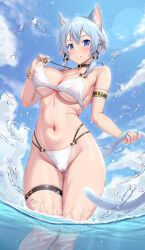 1girl animal_ears bikini blue_eyes blue_hair blue_nails blush breast_lift breasts cat_ears cat_girl cat_tail covered_erect_nipples day fairy_(sao) from_below grin groin hair_between_eyes hand_up heart highleg highleg_bikini highres hip_focus holding_own_tail kawase_seiki large_variant_set legs_together looking_at_viewer looking_down medium_breasts medium_hair nail_polish navel outdoors parted_lips sinon sinon_(sao-alo) skin_tight smile solo splashing standing stomach swimsuit sword_art_online tail thigh_gap thigh_strap thighs variant_set wading wet white_bikini