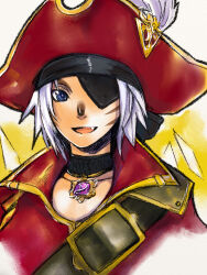 Rule 34 | 1girl, :d, adventurer (ff11), black choker, choker, corsair (final fantasy), doraeshi, eyepatch, facial mark, fang, feathers, final fantasy, final fantasy xi, gem, hat, hat feather, mithra (ff11), open mouth, pirate hat, purple gemstone, red hat, short hair, smile, solo, tricorne, upper body, whisker markings, white feathers, white hair