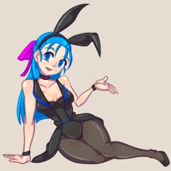 Rule 34 | 1girl, animal ears, arm support, bare shoulders, blue eyes, blue hair, blush, bow, bowtie, bracelet, breasts, rabbit ears, choker, cleavage, dragon quest, dragon quest v, fake animal ears, flora (dq5), hair bow, jewelry, leotard, long hair, mimizunooka, open mouth, pantyhose, playboy bunny, smile, solo