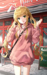 Rule 34 | 1girl, :q, absurdres, ahoge, animal ears, bad id, bad pixiv id, bag, blonde hair, building, cellphone, chair, closed mouth, commentary, drawstring, english commentary, english text, green eyes, hands up, highres, holding, holding phone, hood, hood down, hoodie, kerno, long sleeves, looking at viewer, menu board, original, phone, pink hoodie, puffy long sleeves, puffy sleeves, rabbit ears, shoulder bag, sidelocks, smile, solo, table, talking on phone, tongue, tongue out, twintails