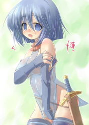 Rule 34 | 1girl, blue eyes, blue hair, blush, breast hold, breasts, catria (fire emblem), covering privates, covering breasts, elbow gloves, fingerless gloves, fire emblem, fire emblem: mystery of the emblem, gloves, kourourin, matching hair/eyes, nintendo, no panties, pegasus knight uniform (fire emblem), see-through, short hair, side slit, skirt, skirt tug, solo, sword, thighhighs, weapon